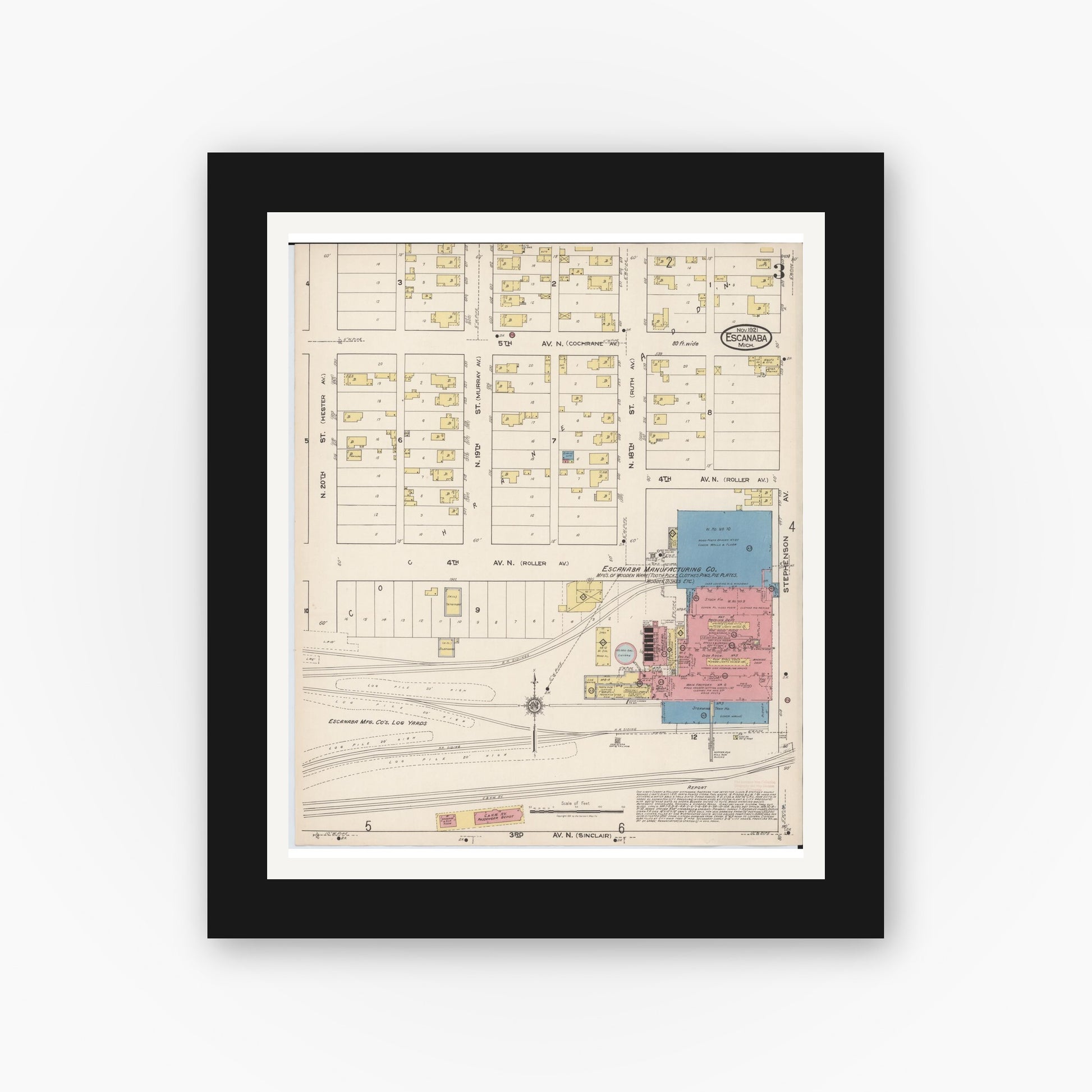 Old map wall art mockup — black gallery frame with white mat — Sanborn Fire Insurance Map from Escanaba, Delta County, Michigan (1921), Sheet #0003