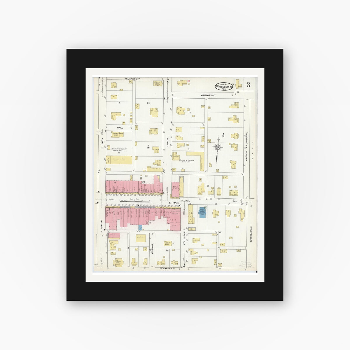 Old map wall art mockup — black gallery frame with white mat — Sanborn Fire Insurance Map from Whitesboro, Grayson County, Texas (1915), Sheet #0003