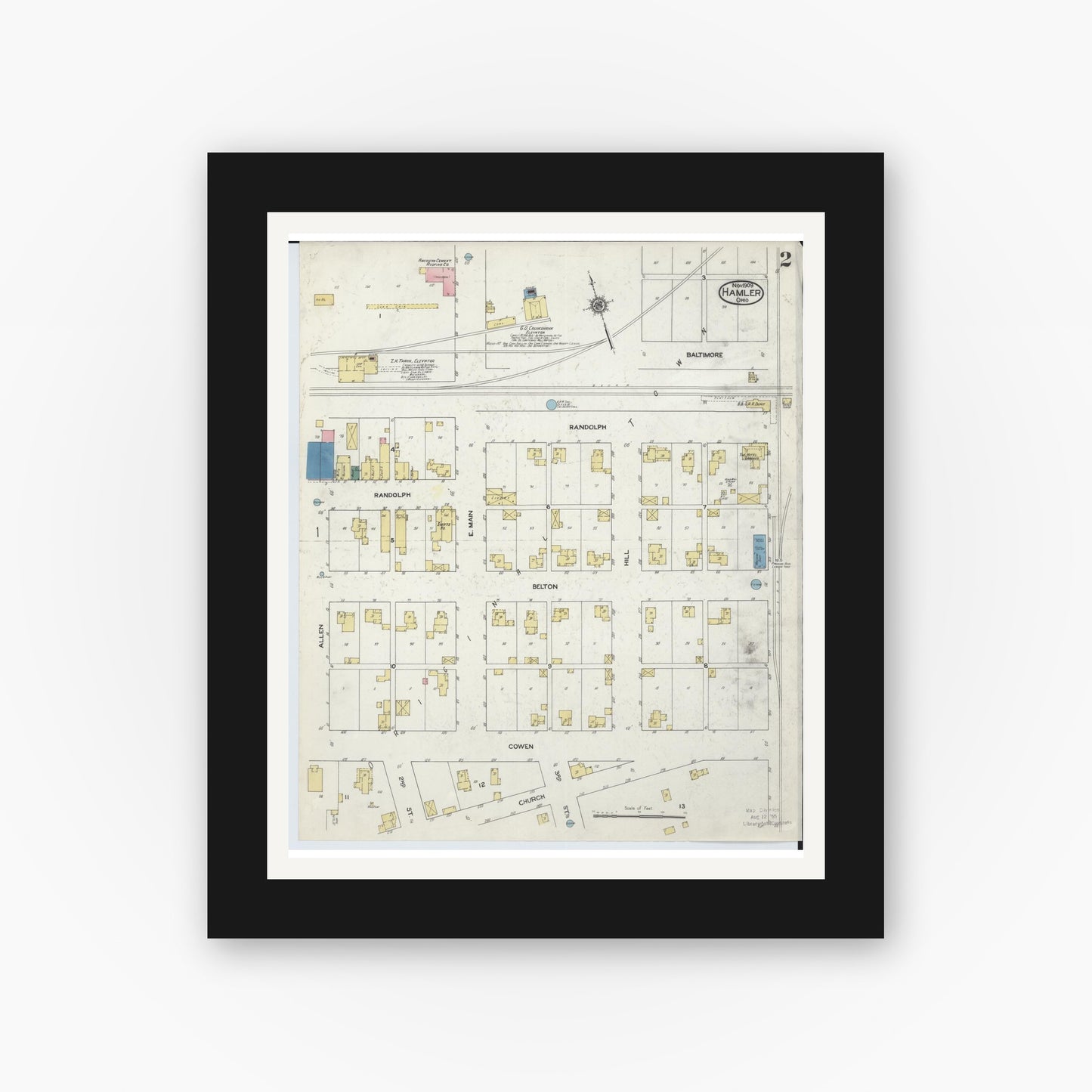 Old map wall art mockup — black gallery frame with white mat — Sanborn Fire Insurance Map from Hamler, Henry County, Ohio (1909), Sheet #0002