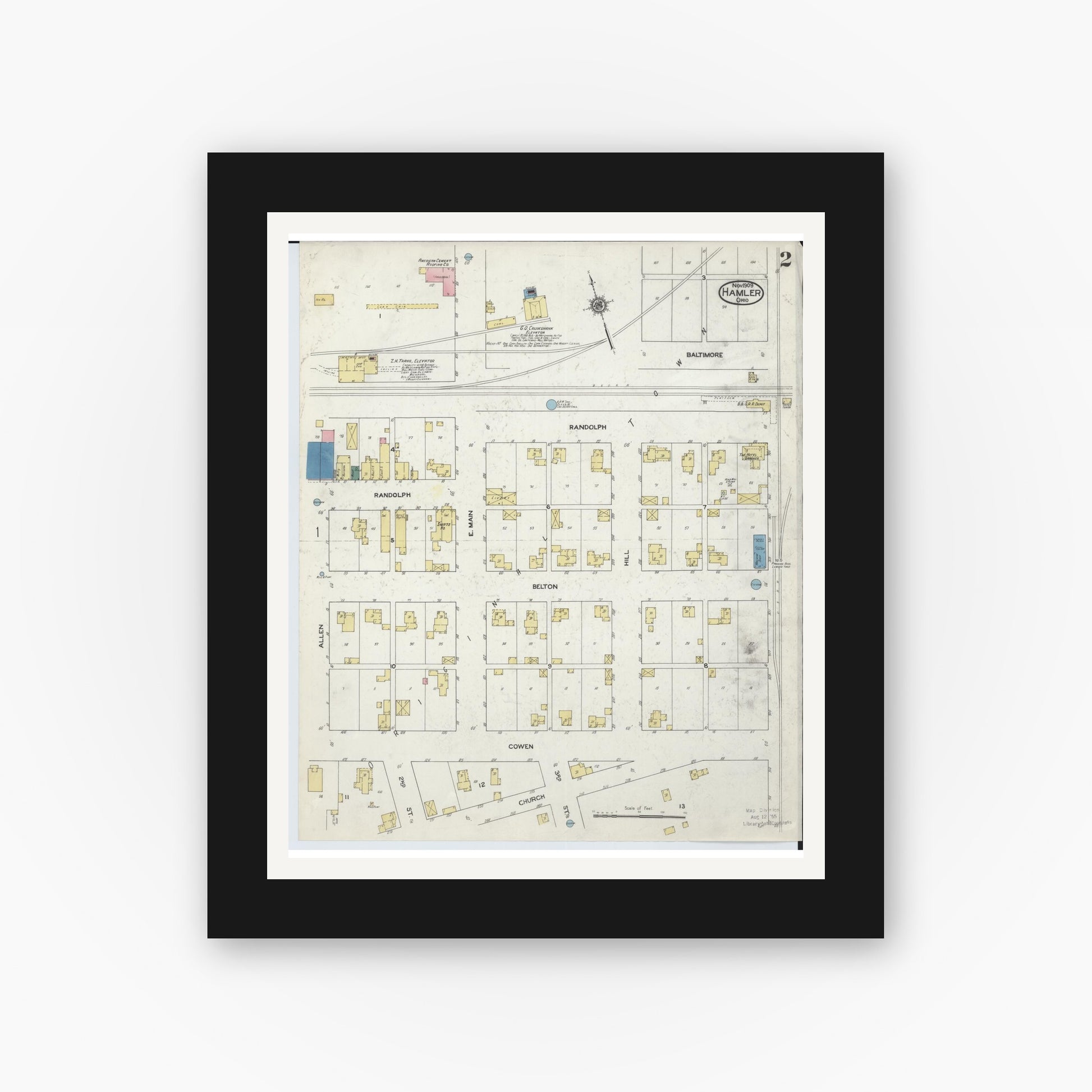 Old map wall art mockup — black gallery frame with white mat — Sanborn Fire Insurance Map from Hamler, Henry County, Ohio (1909), Sheet #0002
