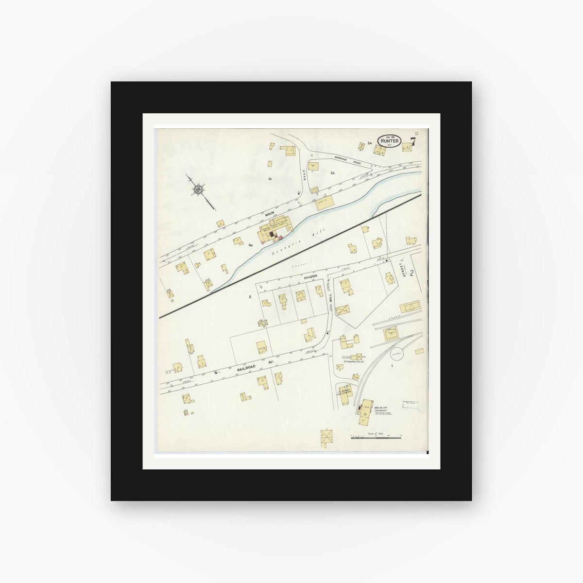 Old map wall art mockup — black gallery frame with white mat — Sanborn Fire Insurance Map from Hunter, Greene County, New York (1912), Sheet #0007