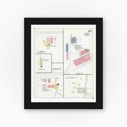 Old map wall art mockup — black gallery frame with white mat — Sanborn Fire Insurance Map from Warren, Trumbull County, Ohio (1908), Sheet #0029