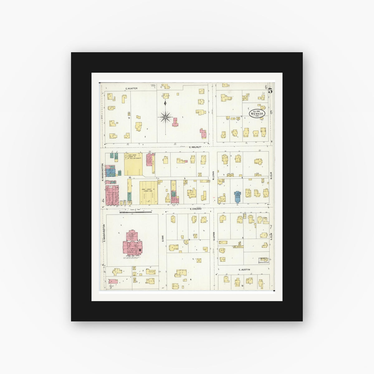 Old map wall art mockup — black gallery frame with white mat — Sanborn Fire Insurance Map from Nevada, Vernon County, Missouri (1906), Sheet #0005