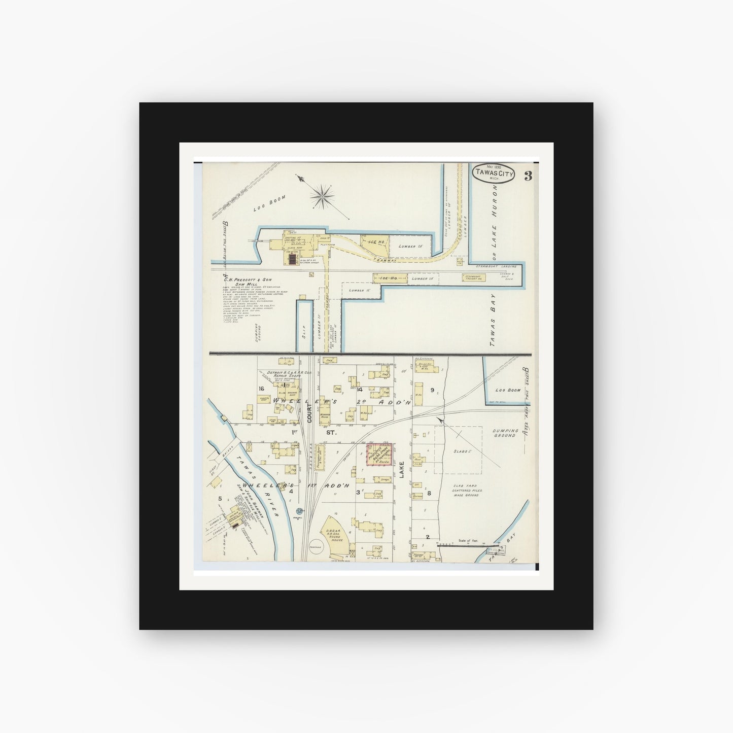 Old map wall art mockup — black gallery frame with white mat — Sanborn Fire Insurance Map from East Tawas, Iosco County, Michigan (1890), Sheet #0003