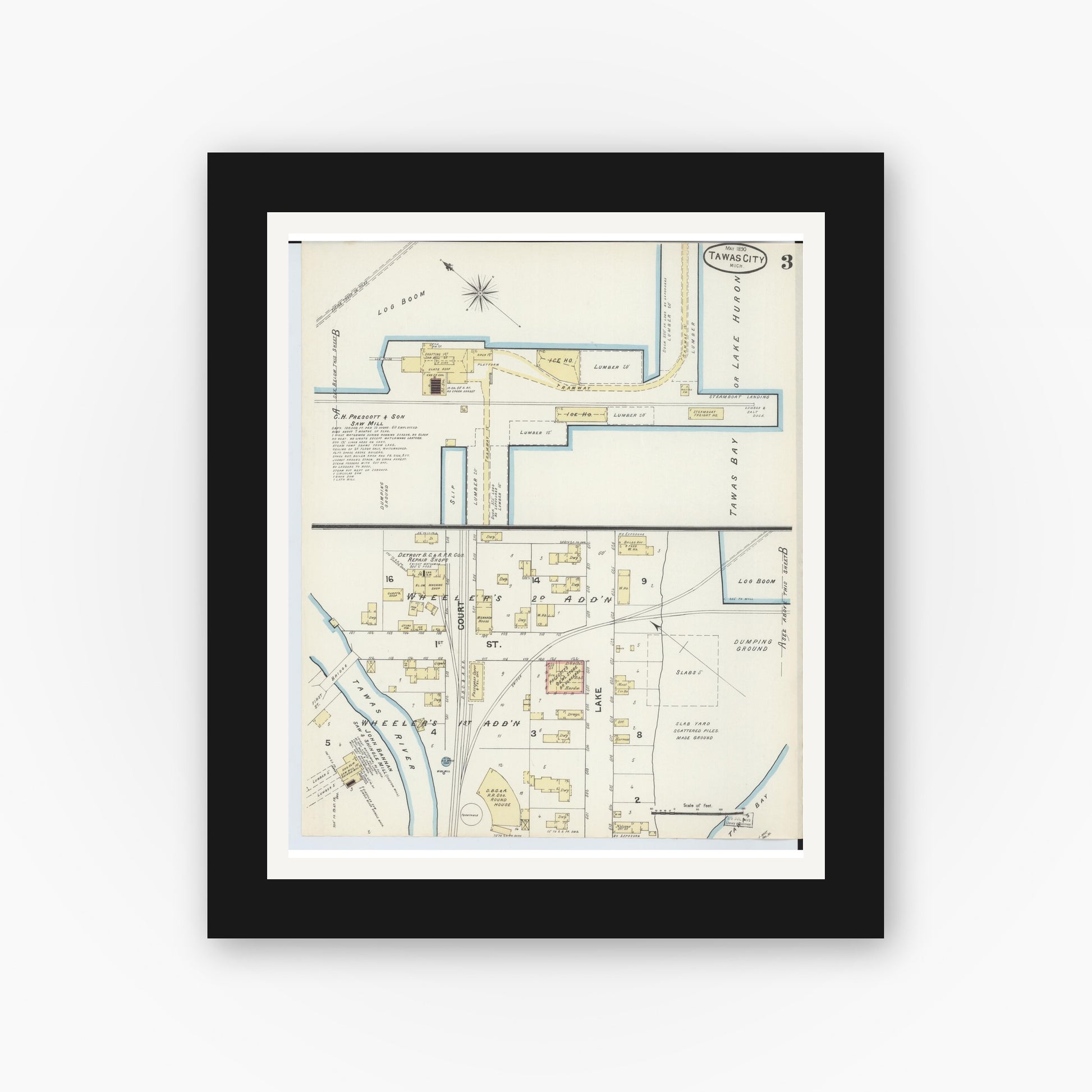 Old map wall art mockup — black gallery frame with white mat — Sanborn Fire Insurance Map from East Tawas, Iosco County, Michigan (1890), Sheet #0003