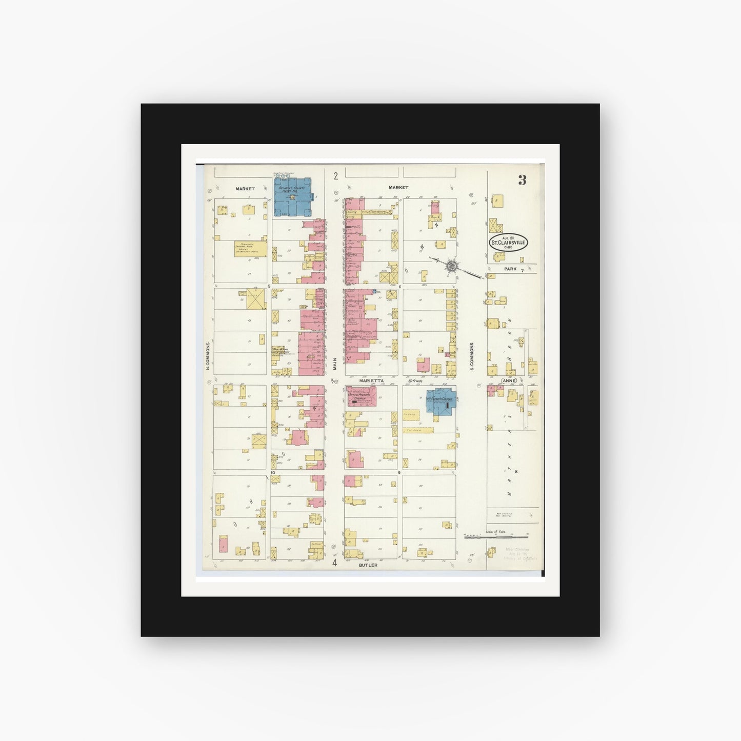 Old map wall art mockup — black gallery frame with white mat — Sanborn Fire Insurance Map from Saint Clairsville, Belmont County, Ohio (1911), Sheet #0003