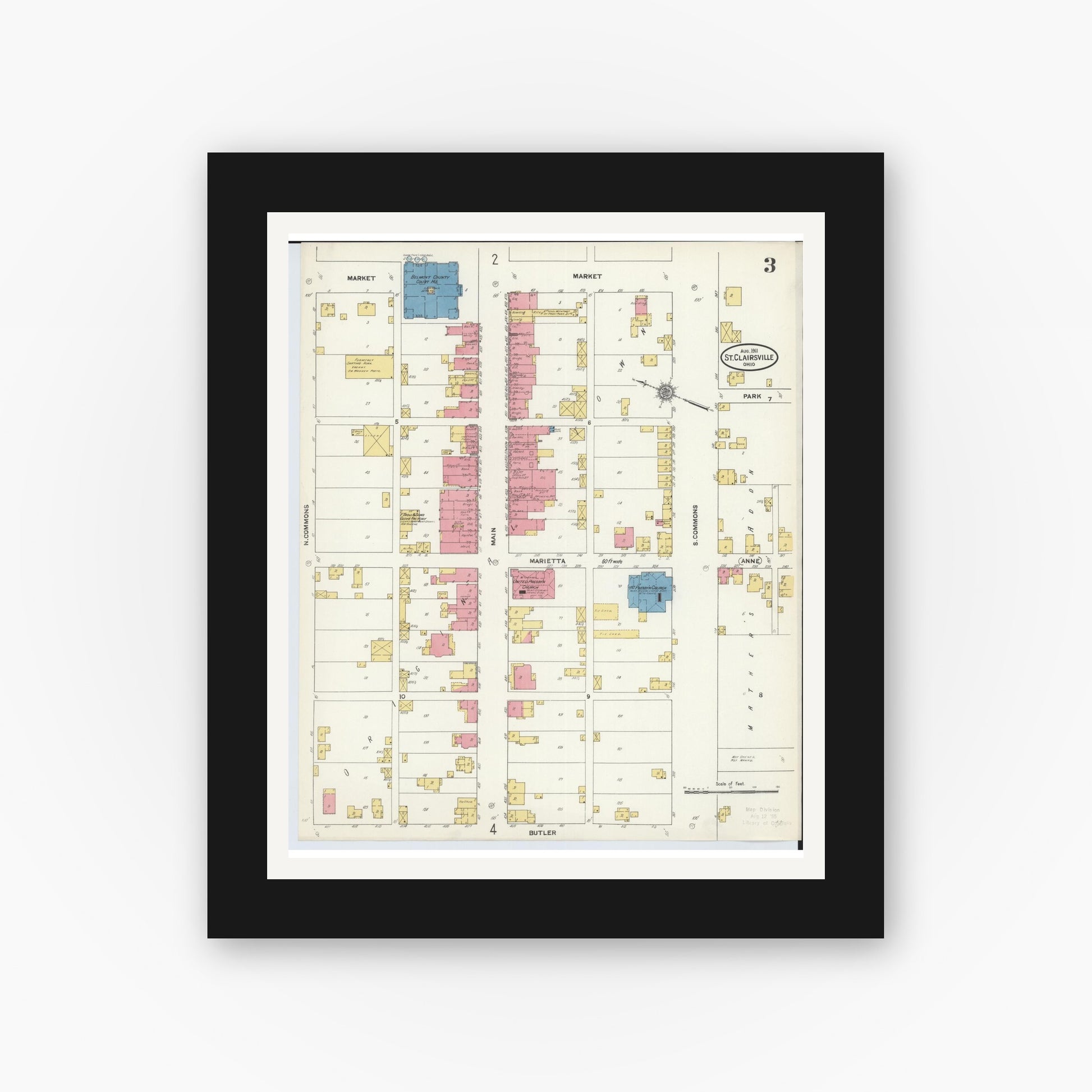 Old map wall art mockup — black gallery frame with white mat — Sanborn Fire Insurance Map from Saint Clairsville, Belmont County, Ohio (1911), Sheet #0003