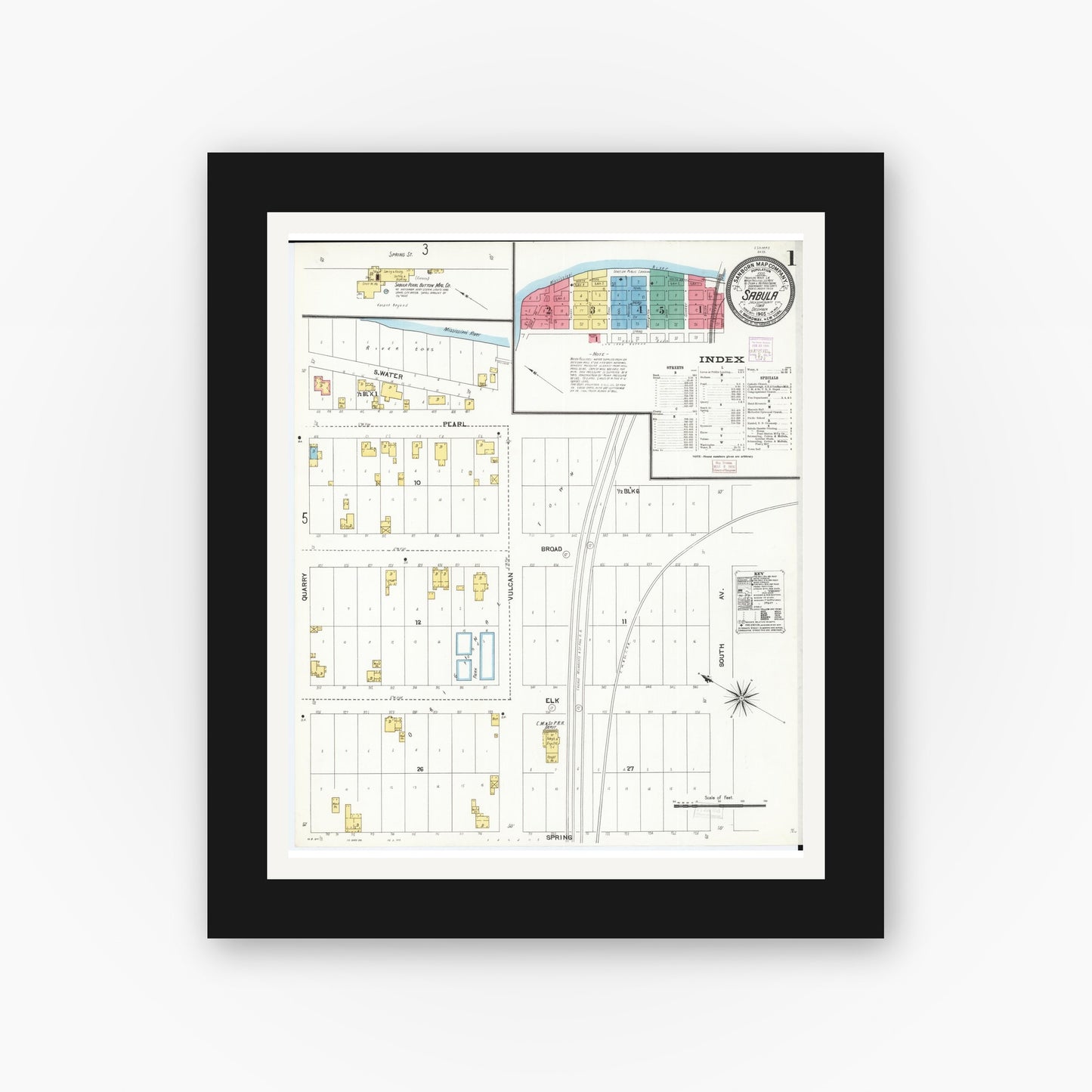 Old map wall art mockup — black gallery frame with white mat — Sanborn Fire Insurance Map from Sabula, Jackson County, Iowa (1905), Sheet #0001