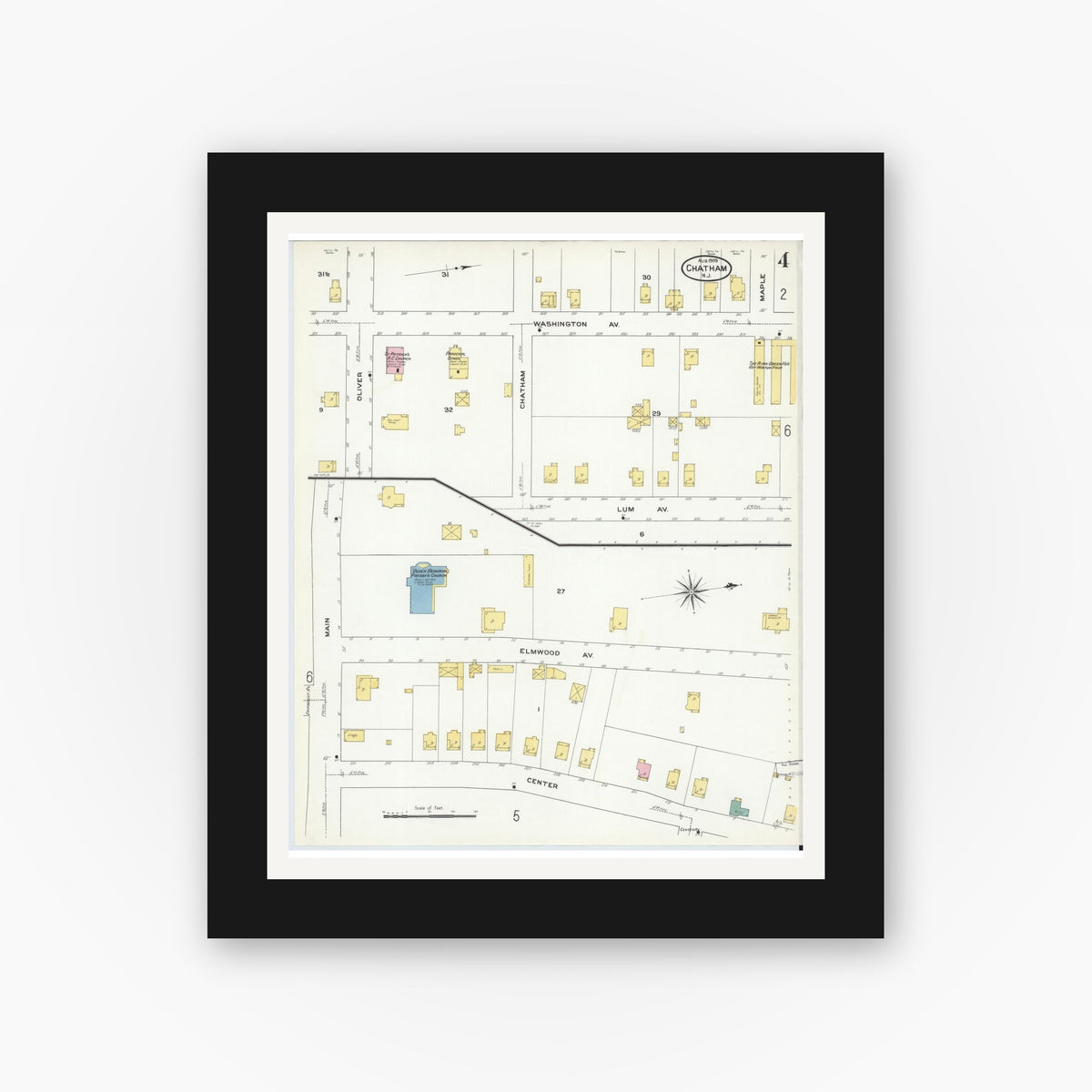 Old map wall art mockup — black gallery frame with white mat — Sanborn Fire Insurance Map from Chatham, Morris County, New Jersey (1909), Sheet #0004