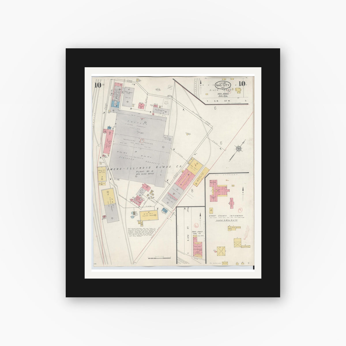 Old map wall art mockup — black gallery frame with white mat — Sanborn Fire Insurance Map from Gas City, Grant County, Indiana (1932), Sheet #0010