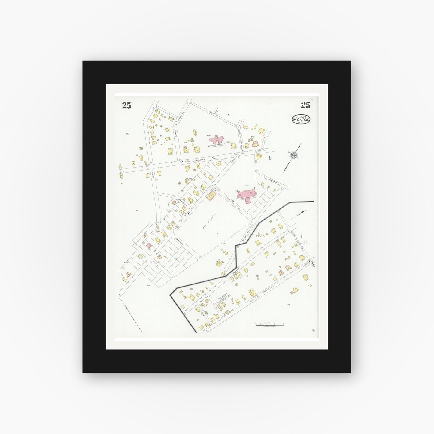 Old map wall art mockup — black gallery frame with white mat — Sanborn Fire Insurance Map from Monroe, Union County, North Carolina (1930), Sheet #0025