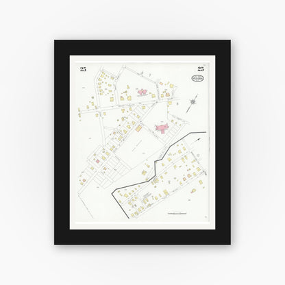 Old map wall art mockup — black gallery frame with white mat — Sanborn Fire Insurance Map from Monroe, Union County, North Carolina (1930), Sheet #0025