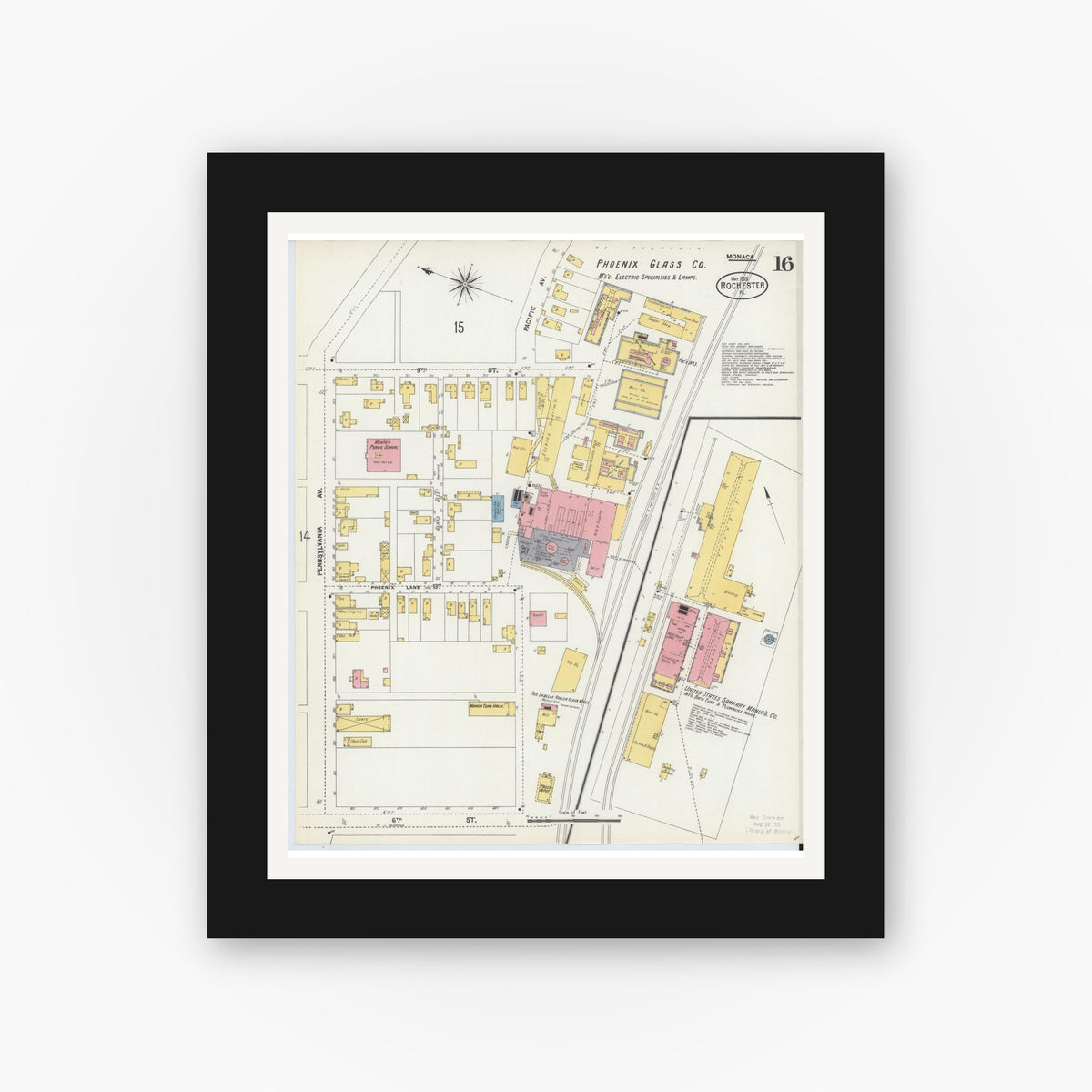 Old map wall art mockup — black gallery frame with white mat — Sanborn Fire Insurance Map from Rochester, Beaver County, Pennsylvania (1903), Sheet #0016