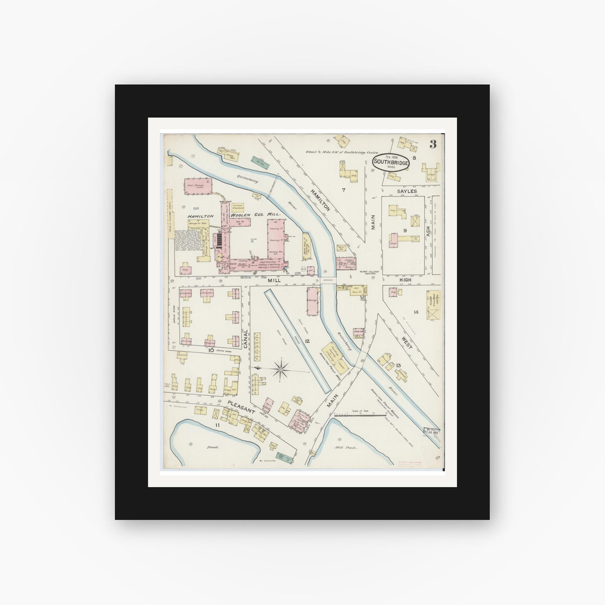 Old map wall art mockup — black gallery frame with white mat — Sanborn Fire Insurance Map from Southbridge, Worcester County, Massachusetts (1888), Sheet #0003