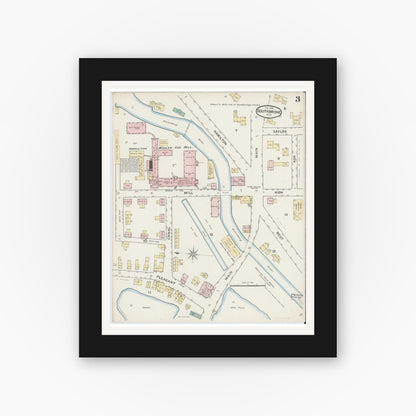 Old map wall art mockup — black gallery frame with white mat — Sanborn Fire Insurance Map from Southbridge, Worcester County, Massachusetts (1888), Sheet #0003