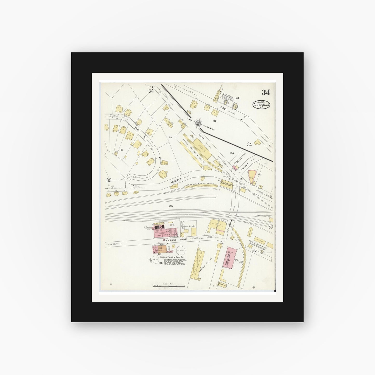 Old map wall art mockup — black gallery frame with white mat — Sanborn Fire Insurance Map from Asheville, Buncombe County, North Carolina (1913), Sheet #0034