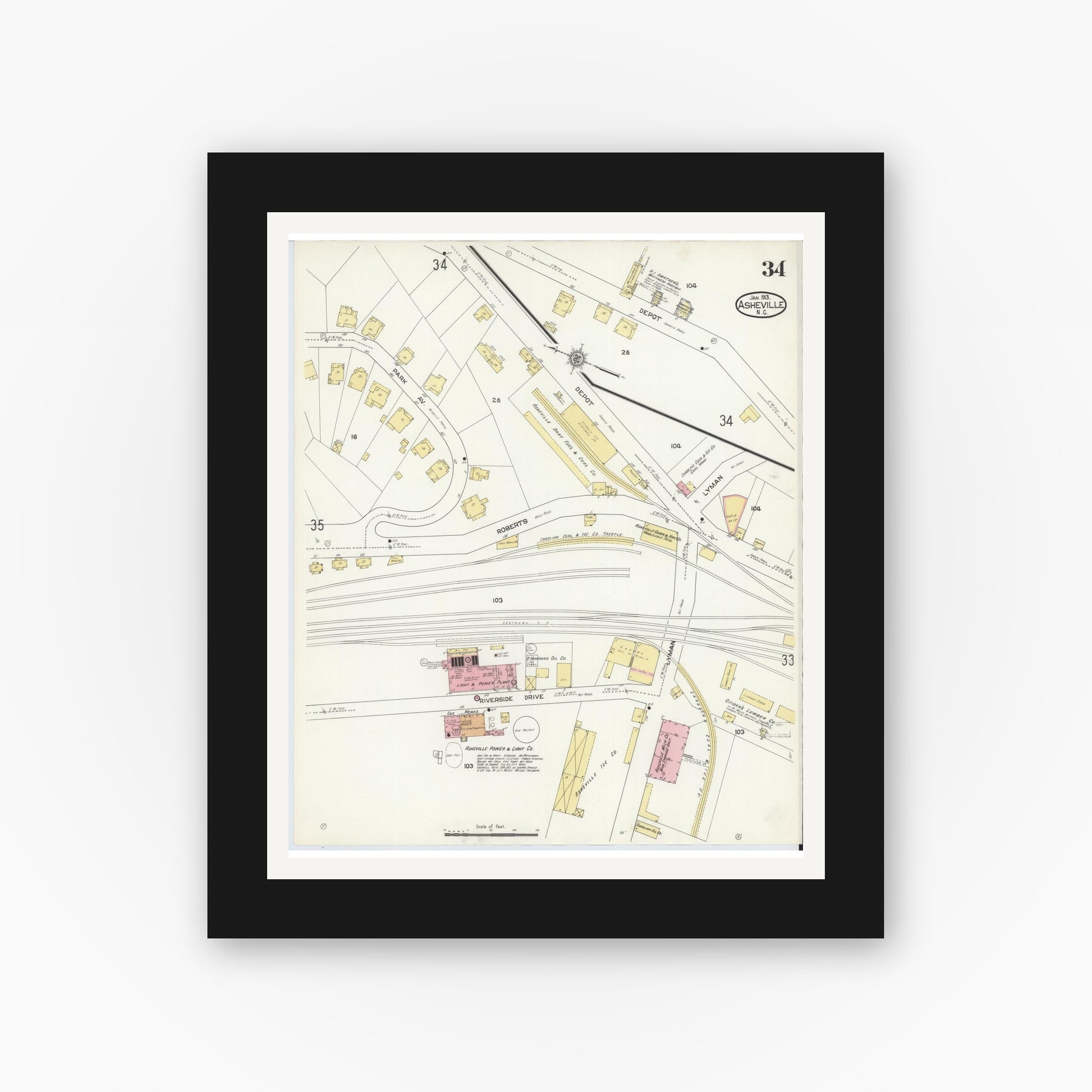 Old map wall art mockup — black gallery frame with white mat — Sanborn Fire Insurance Map from Asheville, Buncombe County, North Carolina (1913), Sheet #0034
