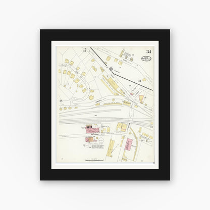 Old map wall art mockup — black gallery frame with white mat — Sanborn Fire Insurance Map from Asheville, Buncombe County, North Carolina (1913), Sheet #0034