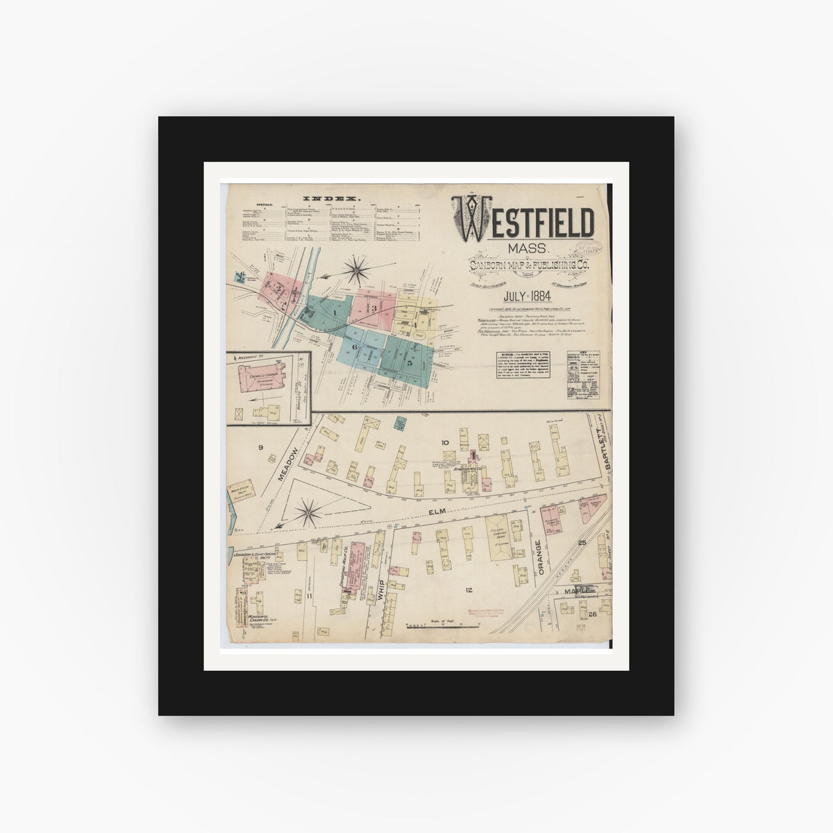 Old map wall art mockup — black gallery frame with white mat — Sanborn Fire Insurance Map from Westfield, Hampden County, Massachusetts (1884) - Complete Map Set
