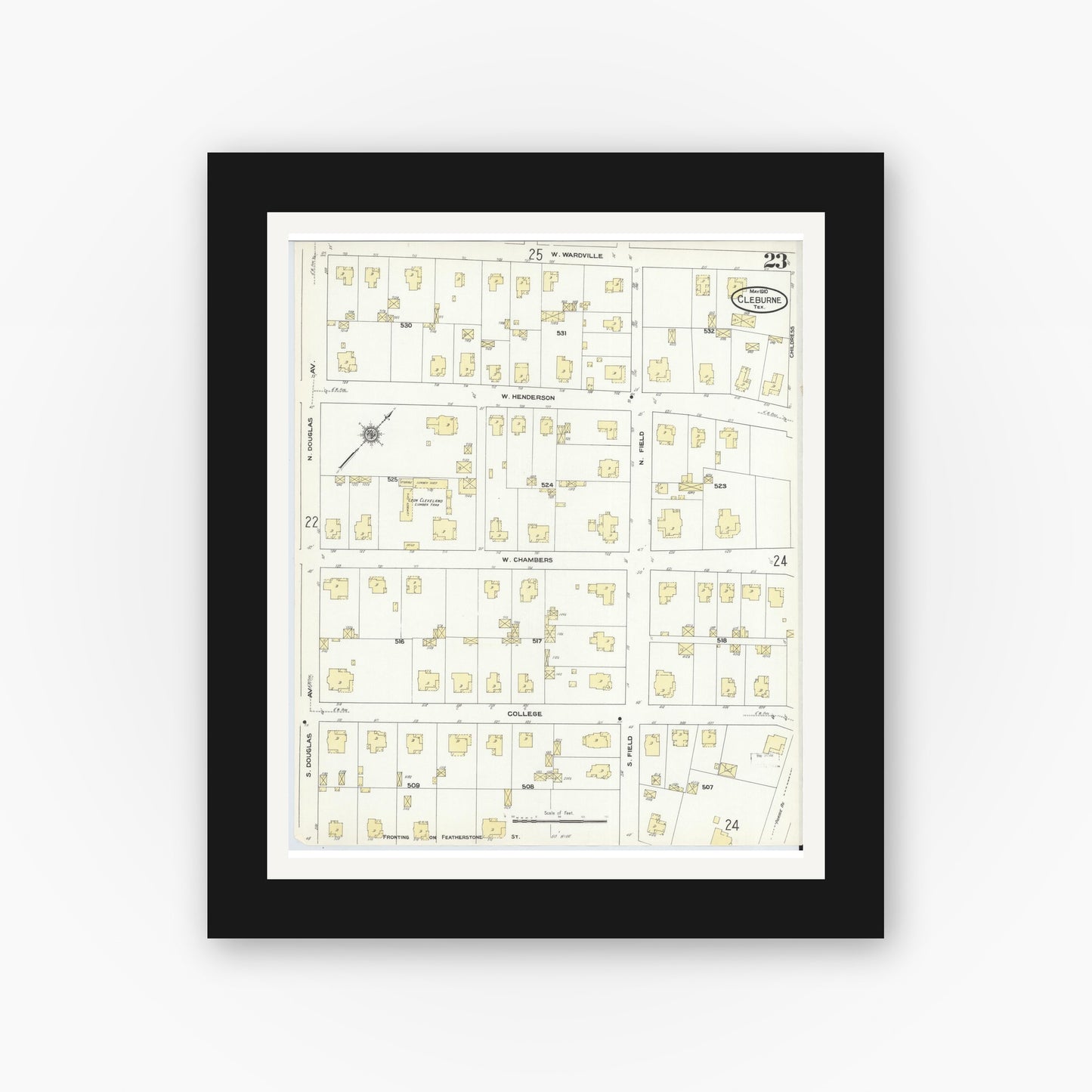 Old map wall art mockup — black gallery frame with white mat — Sanborn Fire Insurance Map from Cleburne, Johnson County, Texas (1910), Sheet #0023