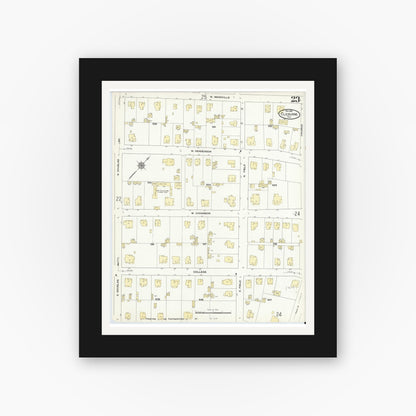 Old map wall art mockup — black gallery frame with white mat — Sanborn Fire Insurance Map from Cleburne, Johnson County, Texas (1910), Sheet #0023