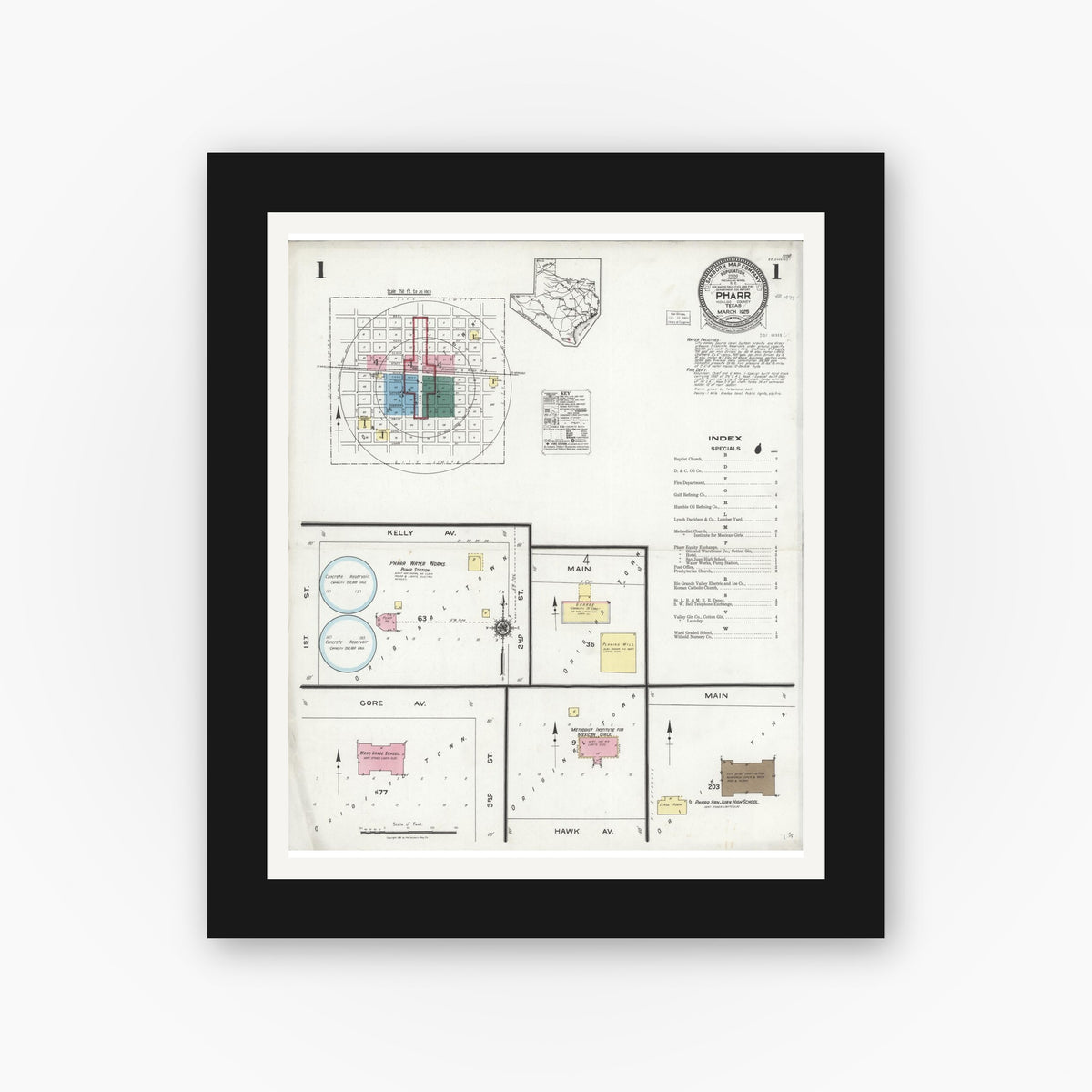 Old map wall art mockup — black gallery frame with white mat — Sanborn Fire Insurance Map from Pharr, Hidalgo County, Texas (1925), Sheet #0001