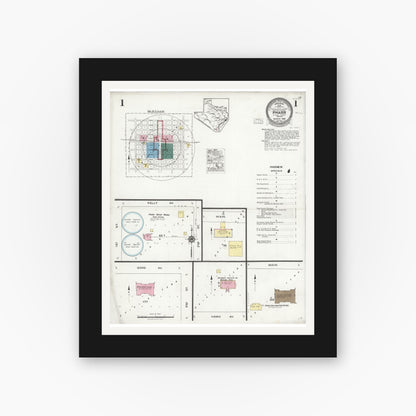 Old map wall art mockup — black gallery frame with white mat — Sanborn Fire Insurance Map from Pharr, Hidalgo County, Texas (1925), Sheet #0001