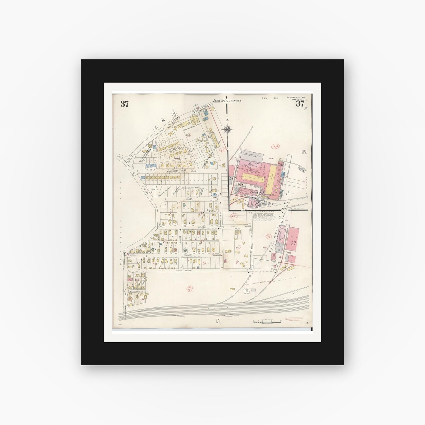 Old map wall art mockup — black gallery frame with white mat — Sanborn Fire Insurance Map from Michigan City, La Porte County, Indiana (1948), Sheet #0037