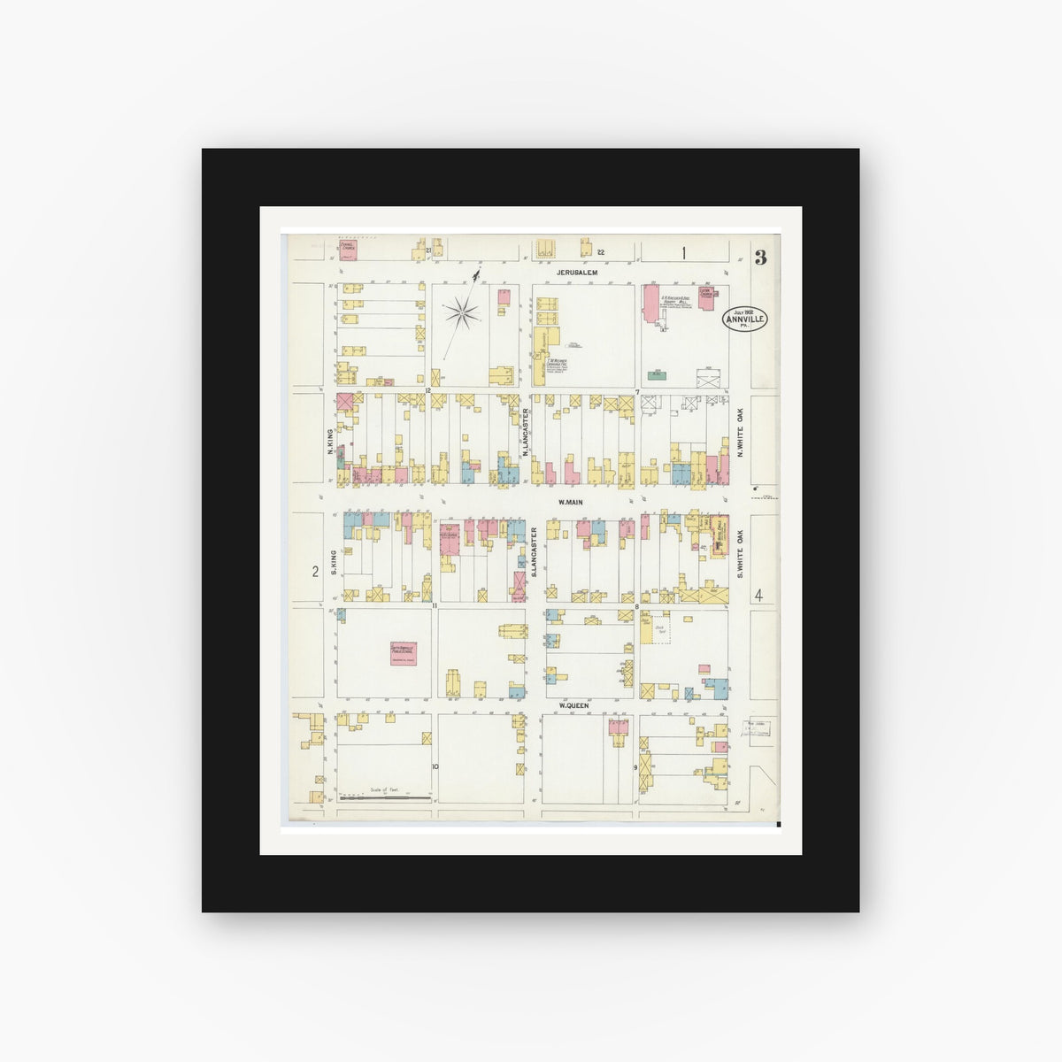 Old map wall art mockup — black gallery frame with white mat — Sanborn Fire Insurance Map from Annville, Lebanon County, Pennsylvania (1902), Sheet #0003