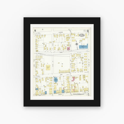 Old map wall art mockup — black gallery frame with white mat — Sanborn Fire Insurance Map from Palatka, Putnam County, Florida (1924), Sheet #0008