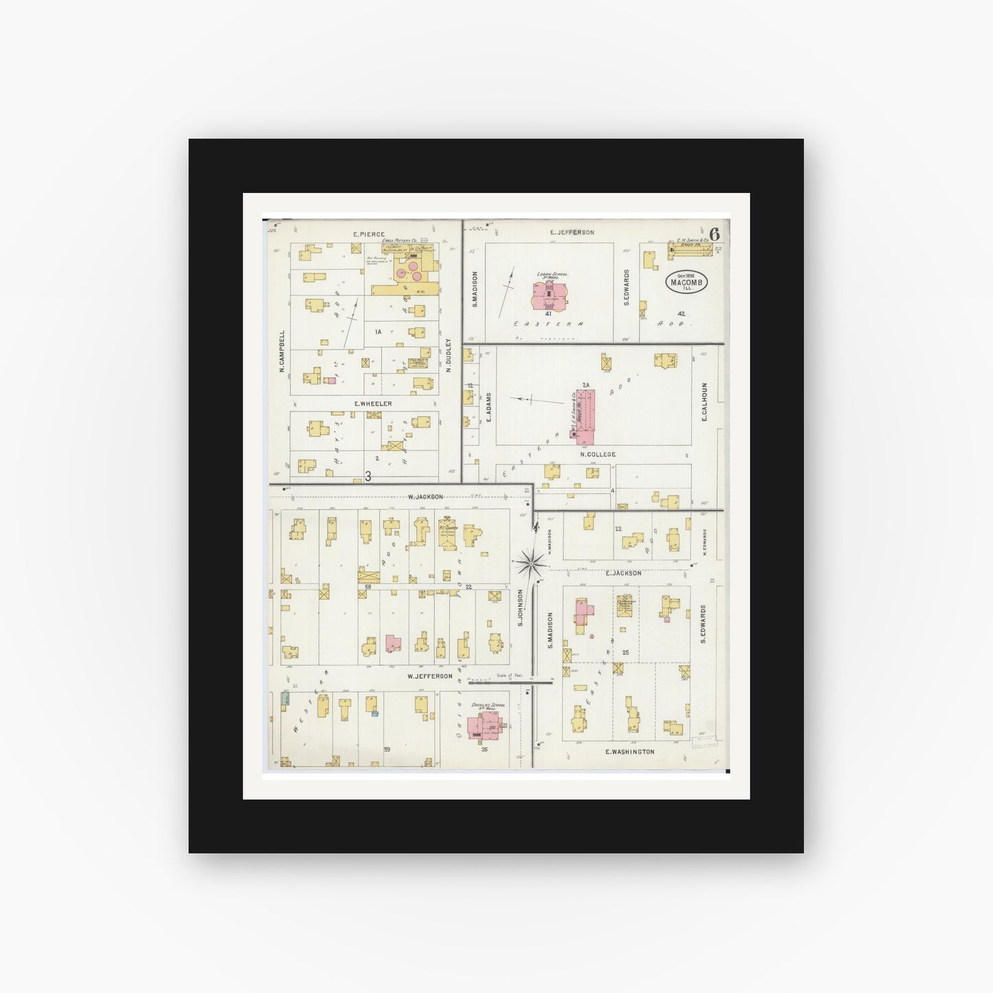Old map wall art mockup — black gallery frame with white mat — Sanborn Fire Insurance Map from Macomb, Mcdonough County, Illinois (1898), Sheet #0006