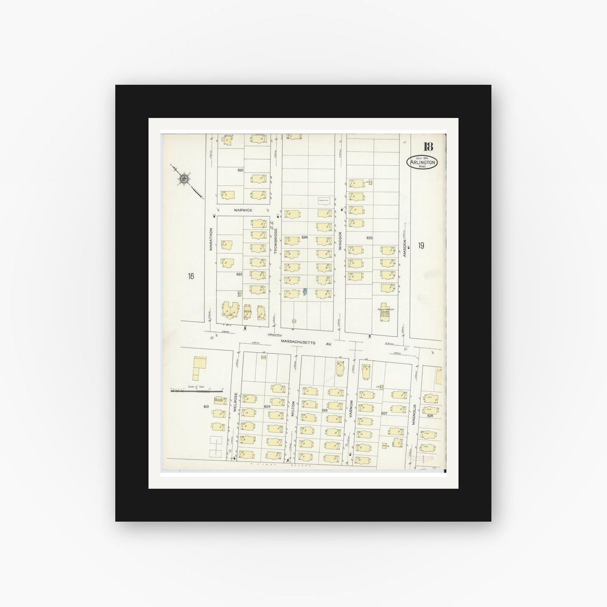 Old map wall art mockup — black gallery frame with white mat — Sanborn Fire Insurance Map from Arlington, Middlesex County, Massachusetts (1914), Sheet #0018