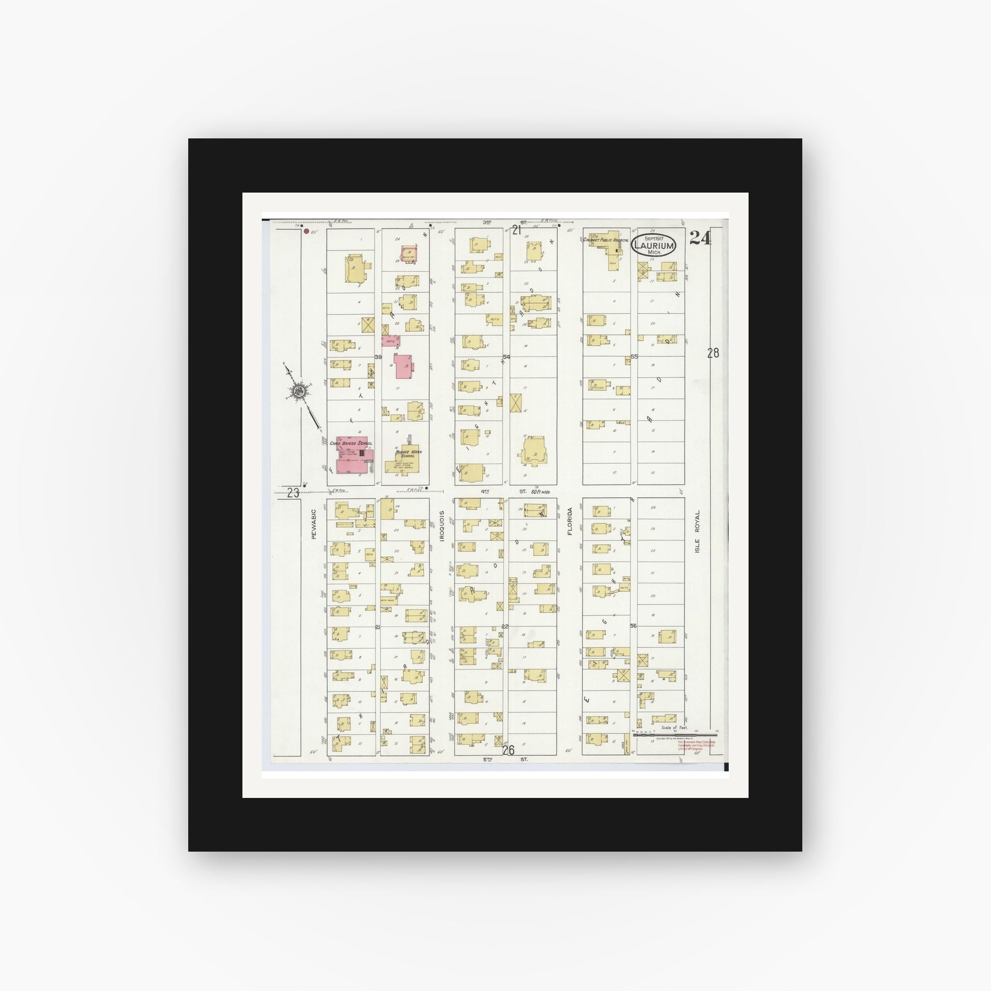 Old map wall art mockup — black gallery frame with white mat — Sanborn Fire Insurance Map from Laurium, Houghton County, Michigan (1917), Sheet #0024