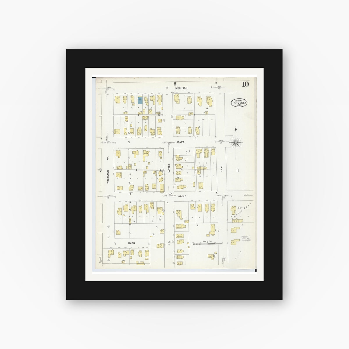 Old map wall art mockup — black gallery frame with white mat — Sanborn Fire Insurance Map from Petoskey, Emmet County, Michigan (1907), Sheet #0010