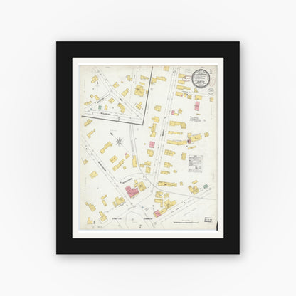 Old map wall art mockup — black gallery frame with white mat — Sanborn Fire Insurance Map from Grafton, Worcester County, Massachusetts (1889) - Complete Map Set