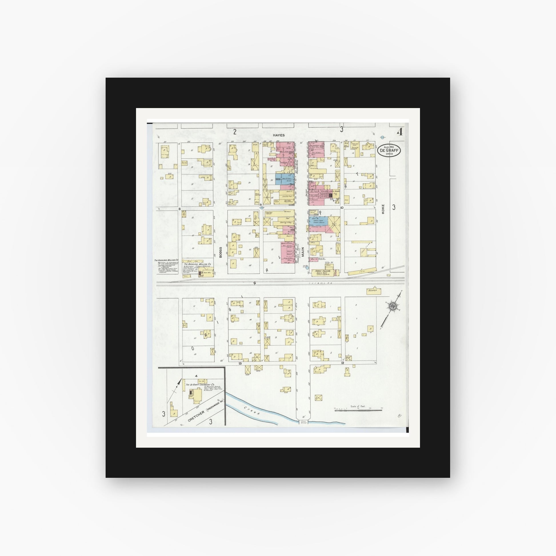 Old map wall art mockup — black gallery frame with white mat — Sanborn Fire Insurance Map from Degraff, Logan County, Ohio (1910), Sheet #0004