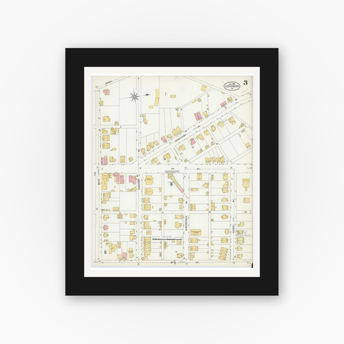 Old map wall art mockup — black gallery frame with white mat — Sanborn Fire Insurance Map from Leechburg, Armstrong County, Pennsylvania (1903), Sheet #0003
