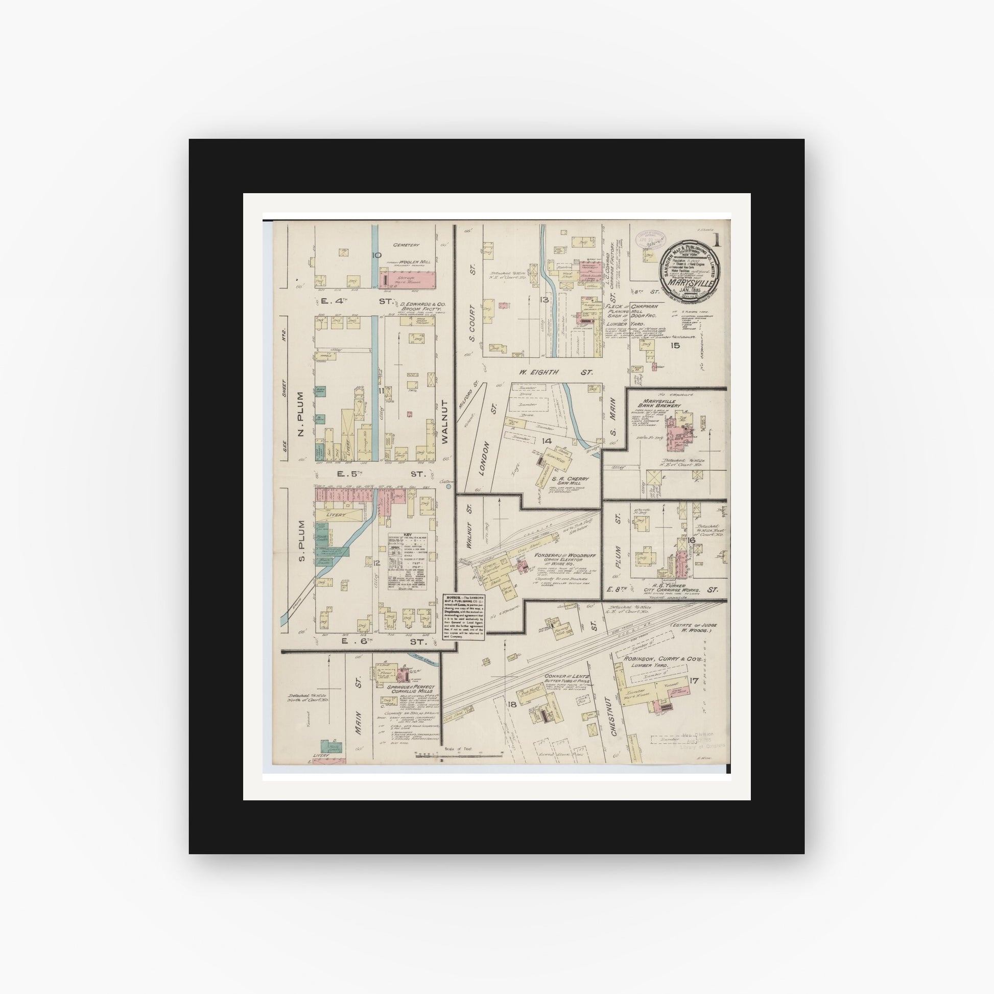 Old map wall art mockup — black gallery frame with white mat — Sanborn Fire Insurance Map from Marysville, Union County, Ohio (1885), Sheet #0001