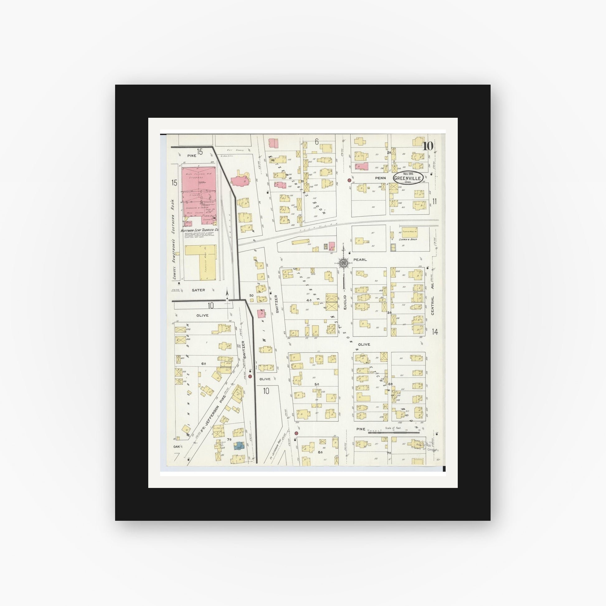 Old map wall art mockup — black gallery frame with white mat — Sanborn Fire Insurance Map from Greenville, Darke County, Ohio (1910), Sheet #0010