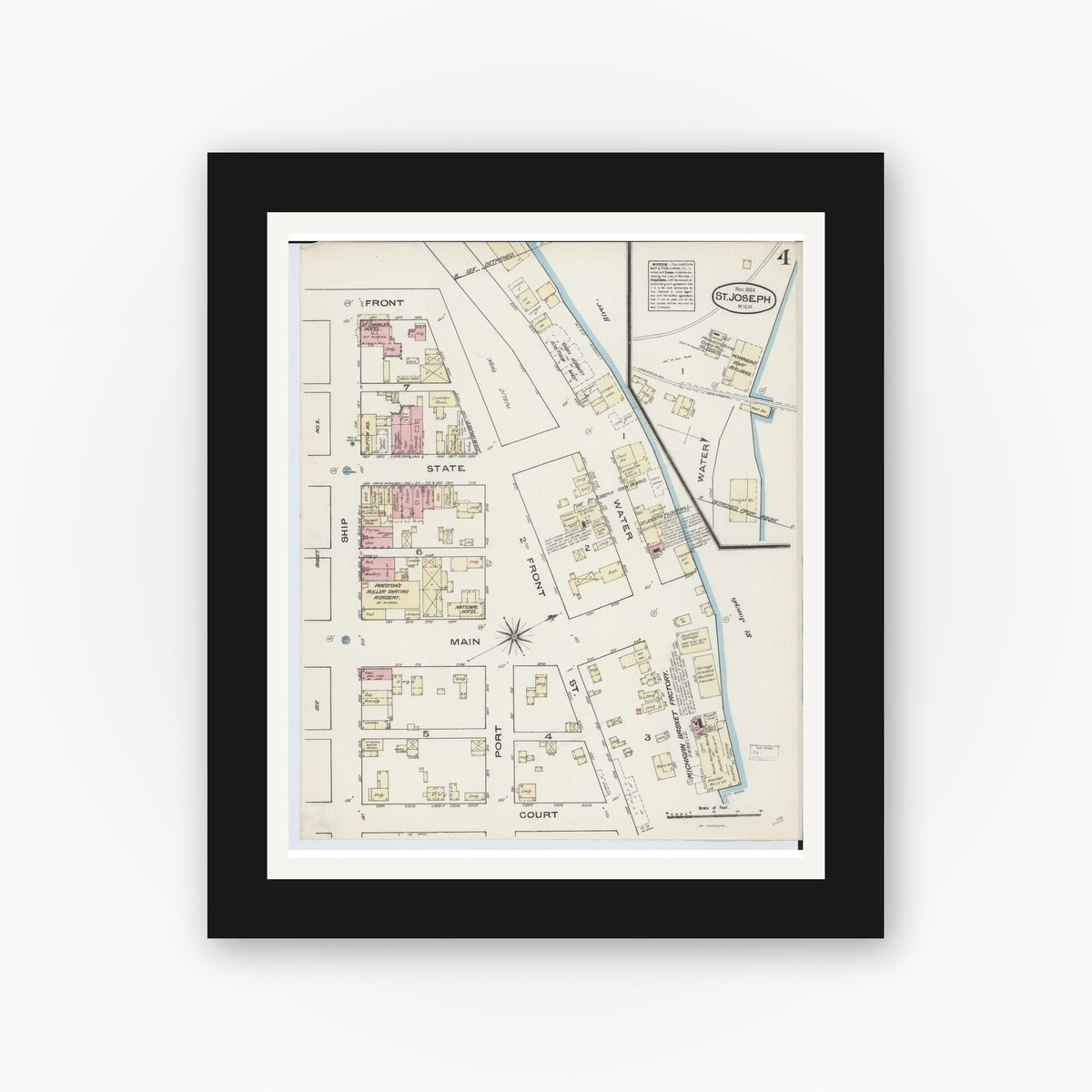 Old map wall art mockup — black gallery frame with white mat — Sanborn Fire Insurance Map from Saint Joseph, Berrien County, Michigan (1884), Sheet #0004