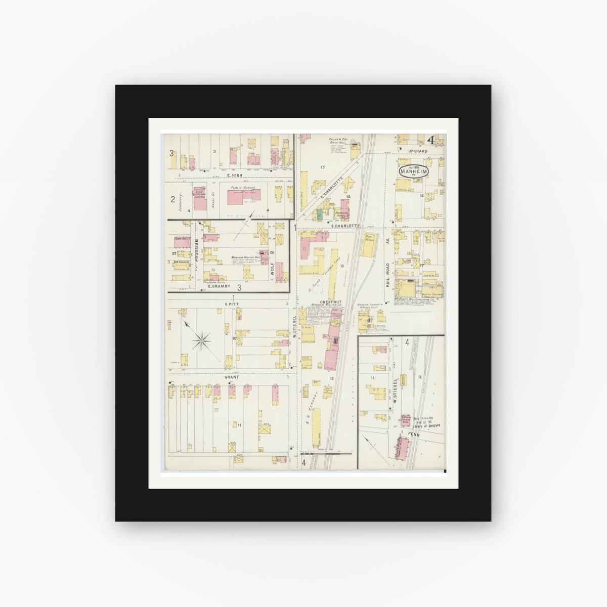 Old map wall art mockup — black gallery frame with white mat — Sanborn Fire Insurance Map from Manheim, Lancaster County, Pennsylvania (1896), Sheet #0004