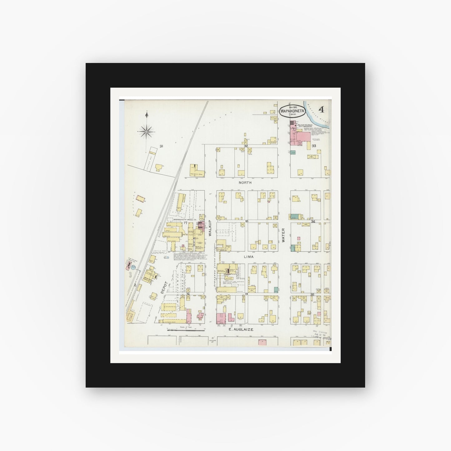 Old map wall art mockup — black gallery frame with white mat — Sanborn Fire Insurance Map from Wapakoneta, Auglaize County, Ohio (1892), Sheet #0004