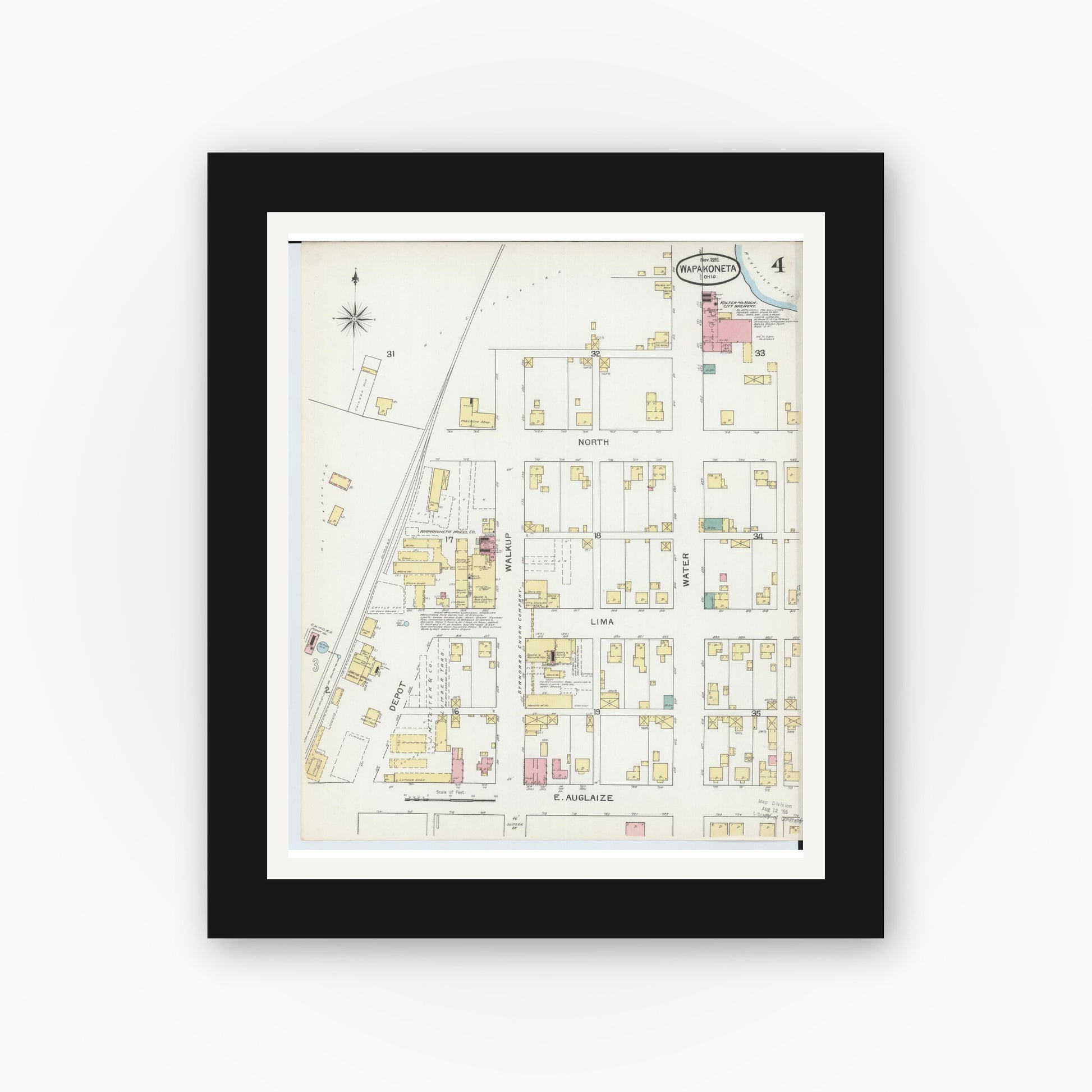Old map wall art mockup — black gallery frame with white mat — Sanborn Fire Insurance Map from Wapakoneta, Auglaize County, Ohio (1892), Sheet #0004