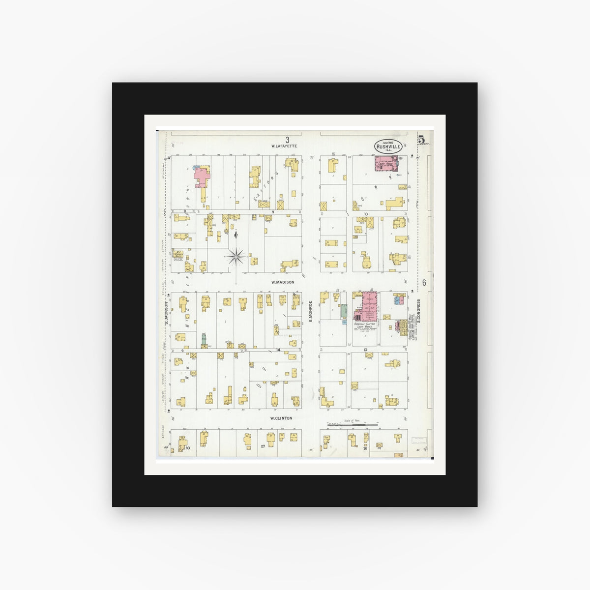 Old map wall art mockup — black gallery frame with white mat — Sanborn Fire Insurance Map from Rushville, Schuyler County, Illinois (1900), Sheet #0005