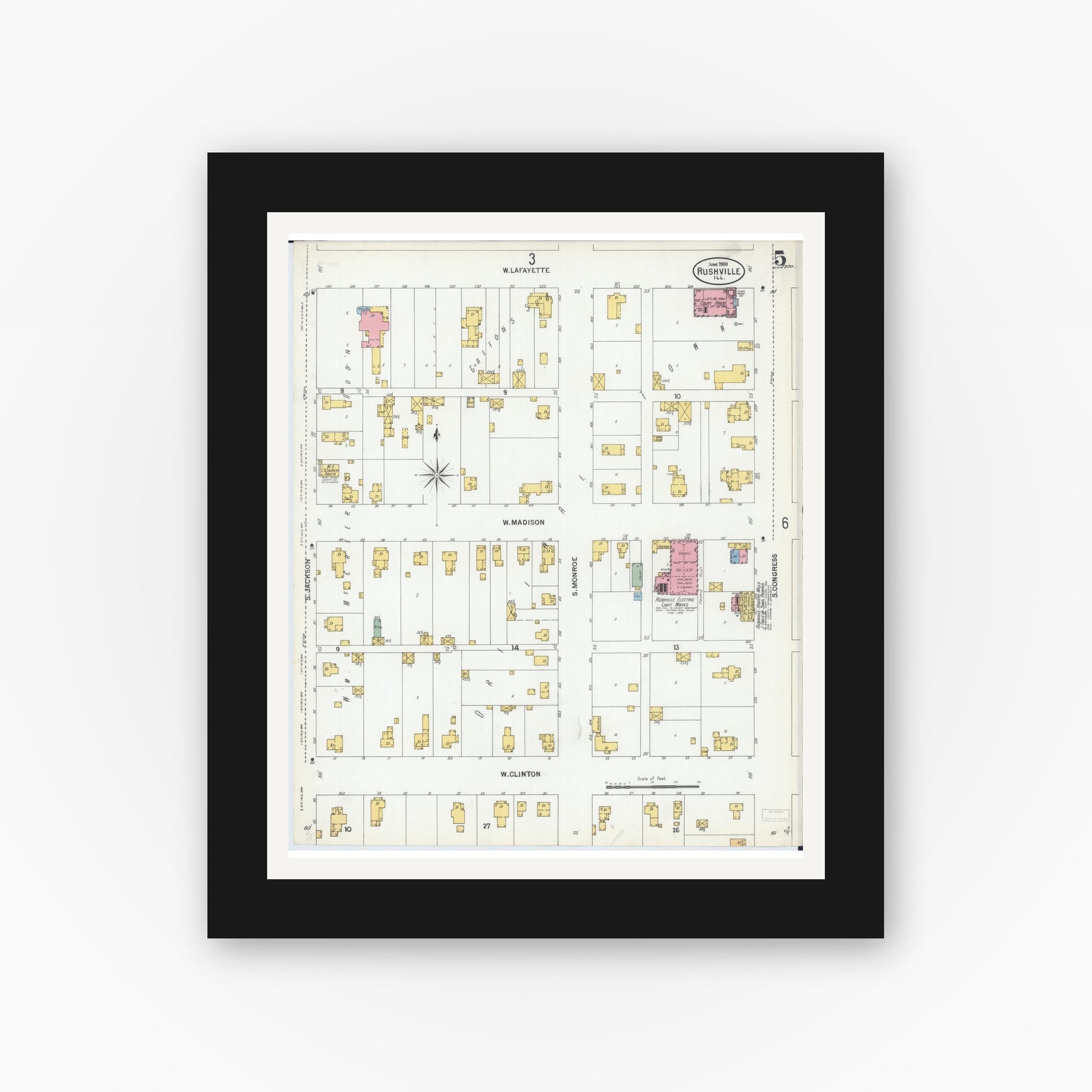 Old map wall art mockup — black gallery frame with white mat — Sanborn Fire Insurance Map from Rushville, Schuyler County, Illinois (1900), Sheet #0005
