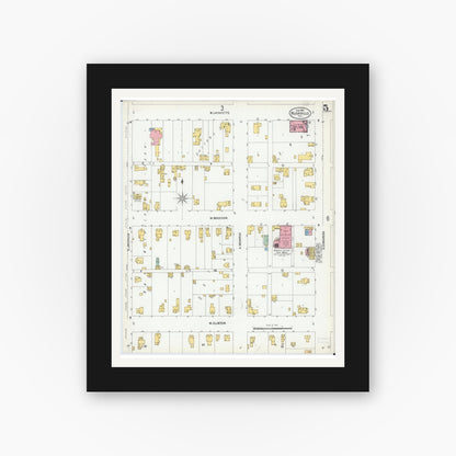 Old map wall art mockup — black gallery frame with white mat — Sanborn Fire Insurance Map from Rushville, Schuyler County, Illinois (1900), Sheet #0005