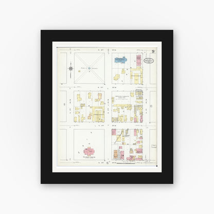 Old map wall art mockup — black gallery frame with white mat — Sanborn Fire Insurance Map from Faribault, Rice County, Minnesota (1914), Sheet #0009