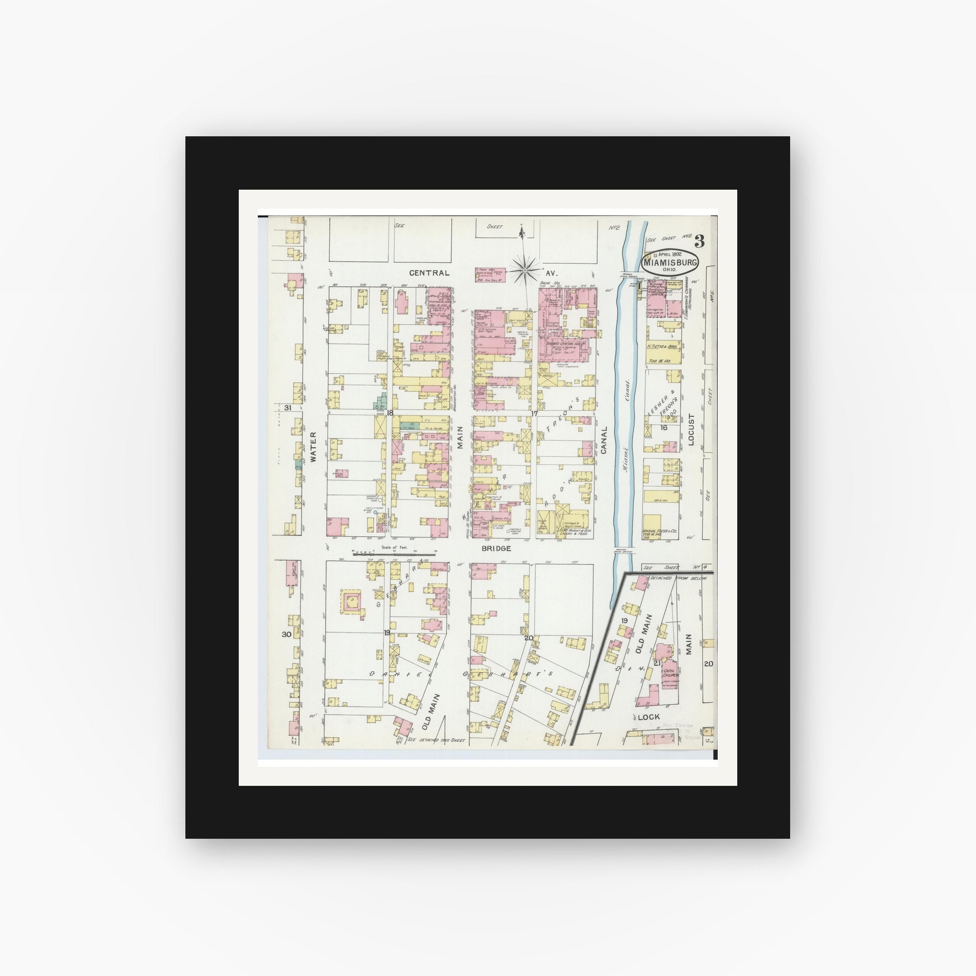 Old map wall art mockup — black gallery frame with white mat — Sanborn Fire Insurance Map from Miamisburg, Montgomery County, Ohio (1892), Sheet #0003
