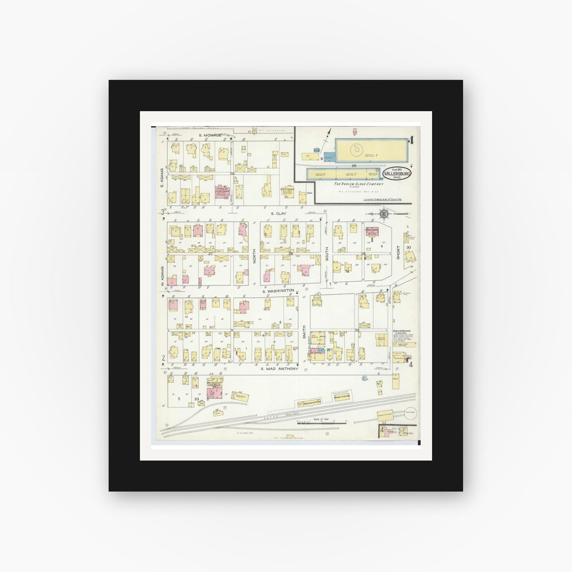 Old map wall art mockup — black gallery frame with white mat — Sanborn Fire Insurance Map from Millersburg, Holmes County, Ohio (1914), Sheet #0004