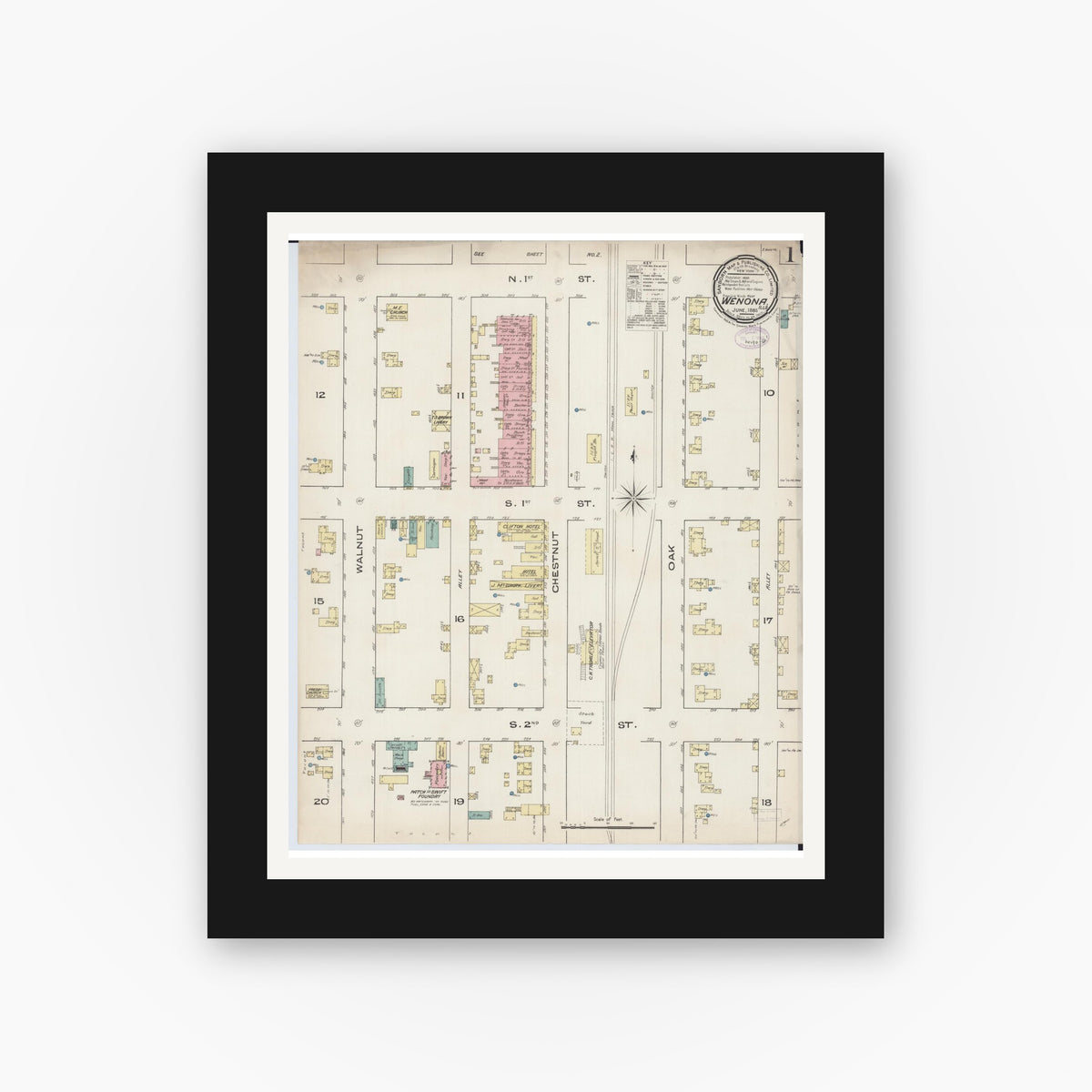 Old map wall art mockup — black gallery frame with white mat — Sanborn Fire Insurance Map from Wenona, Marshall County, Illinois (1885), Sheet #0001